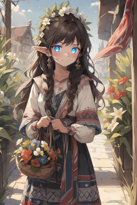 1girl, bangs, basket, blue eyes, blue sky, blush, braid, closed mouth, cloud, collarbone, daisy, day, earrings, elf, field, flower, flower field, flower pot, grass, head wreath, hibiscus, holding, holding flower, jewelry, leaf, lily \(flower\), lily pad, long hair, long sleeves, looking at viewer, orange flower, outdoors, plant, pointy ears, potted plant, red flower, sky, smile, solo, standing, tulip, twin braids, vines, watering can, white flower,
<lora:20231211-1702279447355:0.6>folk
