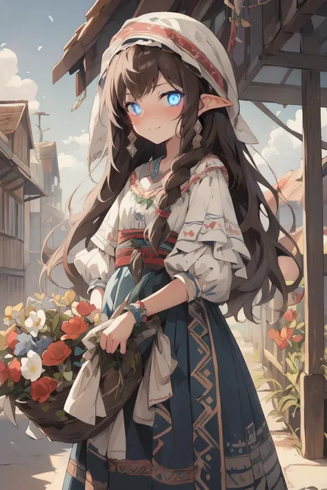 1girl, bangs, blue eyes, blue sky, blush, bouquet, braid, brown hair, building, closed mouth, cloud, cloudy sky, day, dress, elf, flower, hat, holding, holding bouquet, holding flower, jewelry, long hair, looking at viewer, outdoors, petals, pink flower, pink rose, pointy ears, red flower, red rose, rose, sky, smile, solo, twin braids, white flower, white rose,
<lora:20231211-1702279447355:0.6>folk