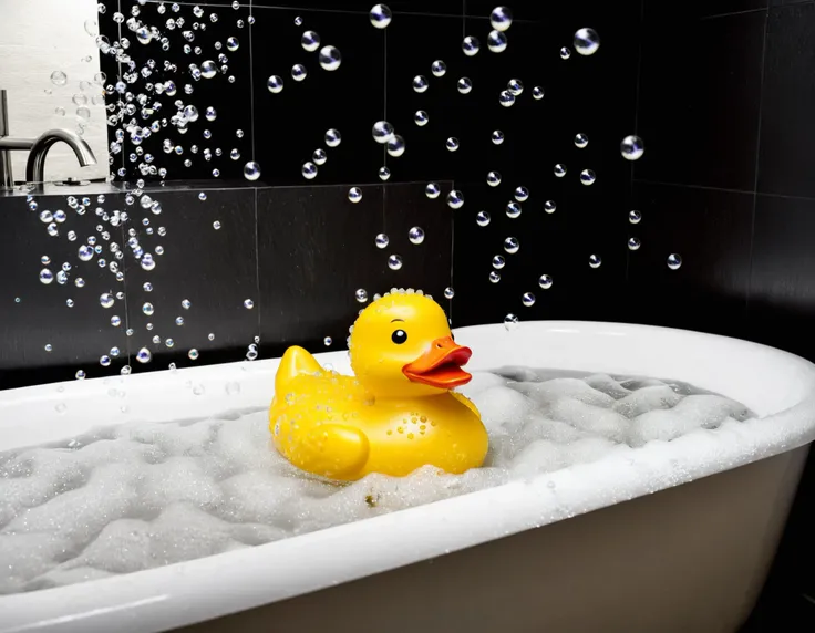 <lora:add-detail-xl:2> <lora:0156 bubble bath_xl_v1:0.75> ruanyi0156 a yellow rubber duck, floating in a bathtub full of bubbles, covered in bubbles with bubbles floating in the air, dramatically lit, dark shadows, in the bathtub of a luxury modernist hotel suite <lora:epiCPhoto:0.75>