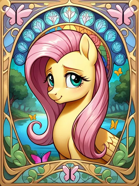 score_9, score_8_up, score_7_up, source_pony, 1girl, solo, mare, mature female, portrait, elements of harmony,
Fluttershy, yellow fur, pegasus, wings, light-pink hair, butterflies, nature, forest, creek, critters,
 <lora:Art_Nouveau_Pony:0.7> art nouveau, stained glass, elements of harmony, looking at viewer, shy, happy