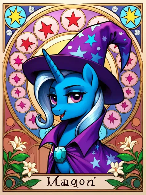 score_9, score_8_up, score_7_up, source_pony, 1girl, solo, mare, mature female, portrait, 
Trixie Lulamoon, blue fur, light-blue and white mane, unicorn, horn, purple hat, purple cape, high collar, purple eyes,
 <lora:Art_Nouveau_Pony:0.7> art nouveau, stained glass, elements of harmony, happy, confident,