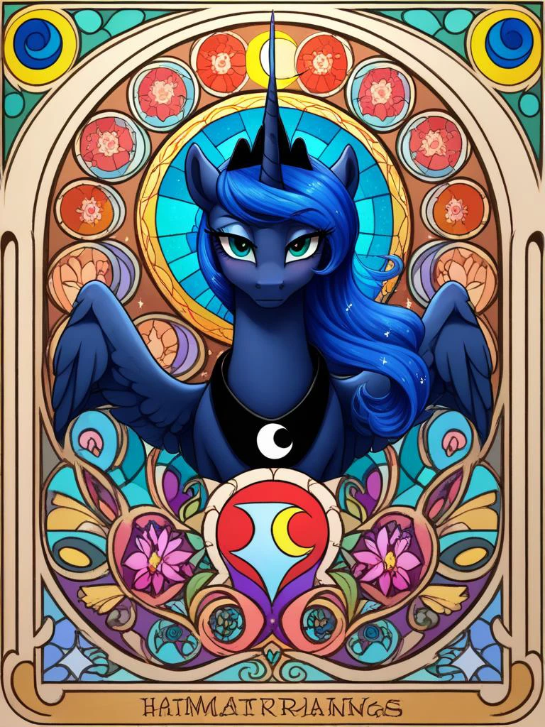 score_9, score_8_up, score_7_up, source_pony, 1girl, solo, mare, mature female, portrait, elements of harmony,
Princess Luna, alicorn, horn, wings, dark-blue fur, magic, night sky, royalty, canterlot, crescent moon,
<lora:Art_Nouveau_Pony:0.7> art nouveau, stained glass, elements of harmony, looking at viewer, happy, mischievous