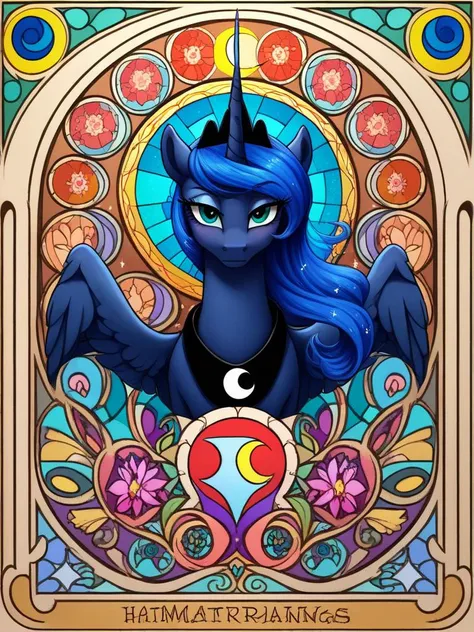 score_9, score_8_up, score_7_up, source_pony, 1girl, solo, mare, mature female, portrait, elements of harmony,
Princess Luna, alicorn, horn, wings, dark-blue fur, magic, night sky, royalty, canterlot, crescent moon,
 <lora:Art_Nouveau_Pony:0.7> art nouveau, stained glass, elements of harmony, looking at viewer, happy, mischievous