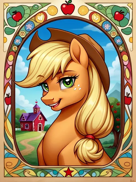 score_9, score_8_up, score_7_up, source_pony, 1girl, solo, mare, mature female, portrait, elements of harmony,
Applejack, yellow-orange fur, blonde mane, green eyes, cowboy hat, apple orchard, trees, barn house,
 <lora:Art_Nouveau_Pony:0.7> art nouveau, stained glass, elements of harmony, looking at viewer, humble, happy