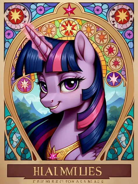 score_9, score_8_up, score_7_up, source_pony, 1girl, solo, mare, mature female, portrait, elements of harmony,
Twilight Sparkle, alicorn, horn, wings, purple fur, magic, castle, library, ancient tomes, 
 <lora:Art_Nouveau_Pony:0.7> art nouveau, stained glass, elements of harmony, looking at viewer, happy, inquisitive