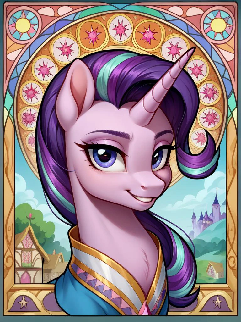 score_9, score_8_up, score_7_up, source_pony, 1girl, solo, mare, mature female, portrait, elements of harmony,
Starlight Glimmer, unicorn, horn, pink fur, purple mane, magic, castle, ponyville,
<lora:Art_Nouveau_Pony:0.7> art nouveau, stained glass, elements of harmony, looking at viewer, happy, cheeky smile,