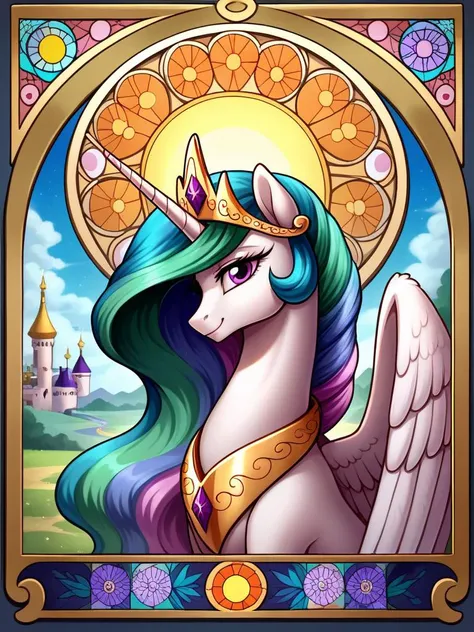 score_9, score_8_up, score_7_up, source_pony, 1girl, solo, mare, mature female, portrait, elements of harmony,
Princess Celestia, alicorn, horn, wings, white fur, magic, castle, royalty, canterlot, radiant sun,
 <lora:Art_Nouveau_Pony:0.7> art nouveau, stained glass, elements of harmony, looking at viewer, happy, gentle smile