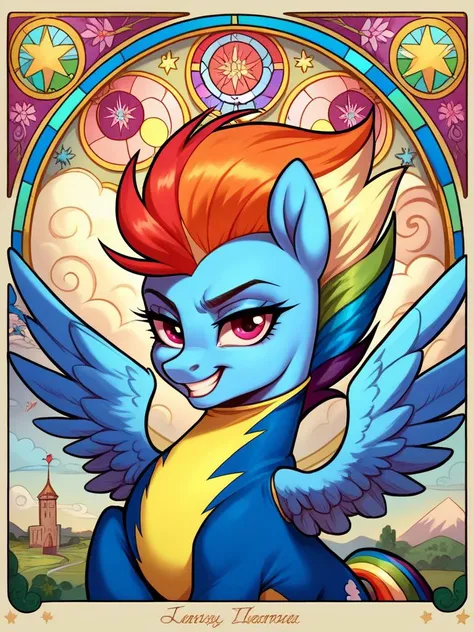 score_9, score_8_up, score_7_up, source_pony, 1girl, solo, mare, mature female, portrait, elements of harmony,
Rainbow Dash, pegasus, wings, light-blue fur, rainbow mane, clouds, sky, wonderbolts uniform,
<lora:Art_Nouveau_Pony:0.7> art nouveau, stained glass, elements of harmony, confident, grin, happy, looking at viewer