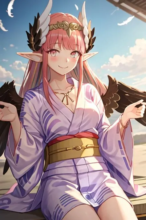 Best quality, artwork, high resolution, Alone, {yukata:1.40}, {kimono:1.20}, {circe_fgo:1.15}, pointy_ears, pink_hair, head_wings, wings, bangs, feathered_wings, long_hair, jewelry, smile, breasts, necklace, blush, small_breasts, multicolored_eyes