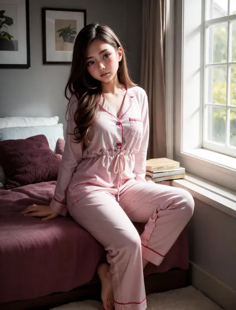 (masterpiece, best quality),a young woman sitting on a bed in what appears to be a bedroom setting. She is wearing pink satin pajamas and has a serene expression on her face. The room has a window that lets in natural light,and there's a potted plant near the window. The overall ambiance of the image is calm and relaxed,half-closed eyes,