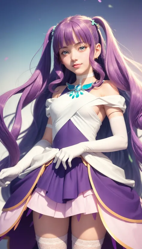 masterpiece, best quality, looking at viewer, depth of field, standing, 1girl, <lora:locon_cure_majesty_01:0.9>, cure majesty, purple hair, two side up, hair ornament, elbow gloves, frilled thighhighs, smile, ((gradient background)), lens flare,