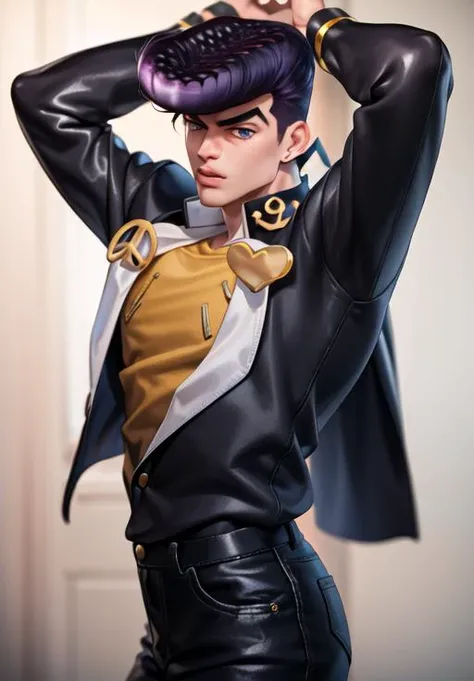realistic, game character, ((dramatic)) , 1boy,  <lora:josukejojo2:1.2> , ((solo)), wearing gakuran, (best quality), (ultra detailed),(highres), absurdres, ((josukejojo)), closeup halfbody ,  4k, HD, pixiv, fanart,  <lora:hipoly3DModelLora_v10:0.4> 3d render