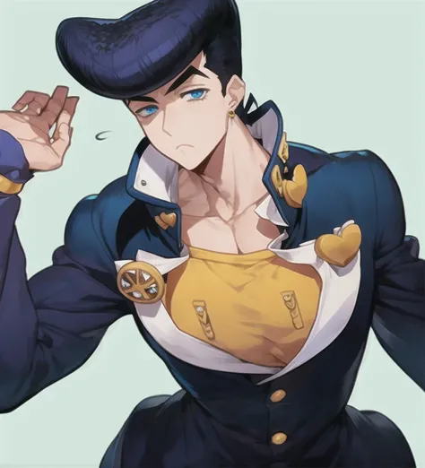 lively, masterpiece, best quality, higashikata_josuke, 1boy, ((solo)), perfect face, perfect eyes, earrings, halfbody, male, blue eyes, black hair, closed_mouth, pompadour, school_uniform, gakuran, amazing shading <lora:josuke4:0.8> <lora:robuttsStyleLora1MB_robuttsv1:0.8>