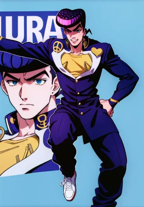 1boy, <lora:josukejojo2:1.2> , solo, (best quality), (ultra detailed),(highres), absurdres, ((josukejojo)), closeup halfbody fullbody , gakuran , <lora:1990sAnimeStyleLora_1:0.4> 1997 retro style, anime style, promo art, blue background