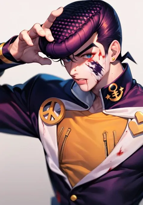 blood, injury, ((dramatic)) , 1boy, <lora:josukejojo2:1.2> , ((solo)), wearing gakuran, (best quality), (ultra detailed),(highres), absurdres, ((josukejojo)), closeup halfbody , blood, blood splatter, 1997 retro style, anime style, detailed art, dark background, horror elements, 4k, HD, pixiv, fanart,