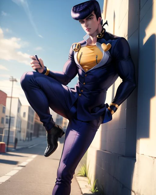 1boy, <lora:josukejojo2:1> , solo, gakuran ,(best quality), (ultra detailed),(highres), absurdres, ((josukejojo)), fullbody, <lora:aoArtstyleLora_v10:0.4> <lora:sakimiChanLora_v10:0.6> outdoors background, school