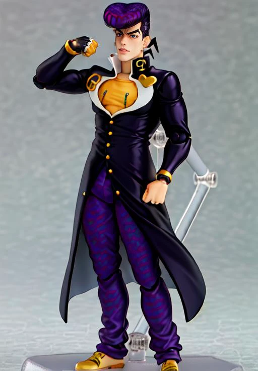 ((knuckles, fist hand)) 1boy, <lora:josukejojo2:1.2> , solo, ((purple colored gakuran with a pattern on this clothes)), rare coloring, alternate,(best quality), (ultra detailed),(highres), absurdres, ((josukejojo)), closeup halfbody fullbody product photo, figurine, pvc <lora:figmaAnimeFigures_figma:1> figma figure