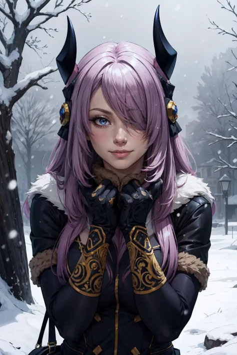 (masterpiece, best quality, 4k, detailed, intricate, realistic),outside,snowing,1girl,victoria,horns,fur coat,mittens,slight smile,blushing <lora:victoria-nvwls-v1:0.9>