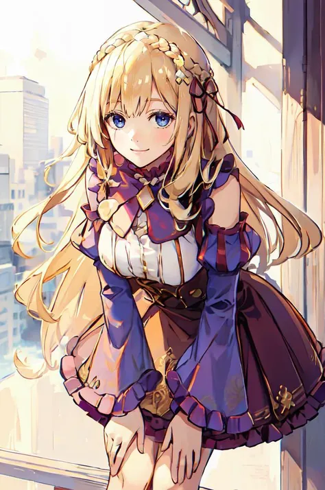 <lora:leaning forward,hands on own knees:0.9> leaning forward, hands on own knees,, ultra detailed, masterpiece, best quality, solo, soft smile, light smile,
1girl, blue eyes, very long hair, blonde hair, long blonde hair, french braid, bangs, medium breasts,
hair ribbon, frilled choker, criss-cross halter, sleeveless dress, high-waist skirt, backless dress, waist bow, detached sleeves, frilled sleeves, wide sleeves, pantyhose, patterned legwear, mary janes,