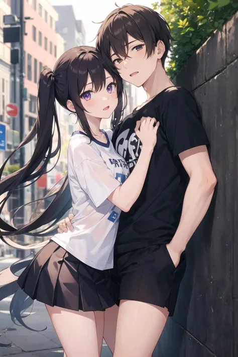 1girl, 1boy, casual clothes, t-shirt, pleated skirt, twintails, long hair, outdoors, hug, against wall