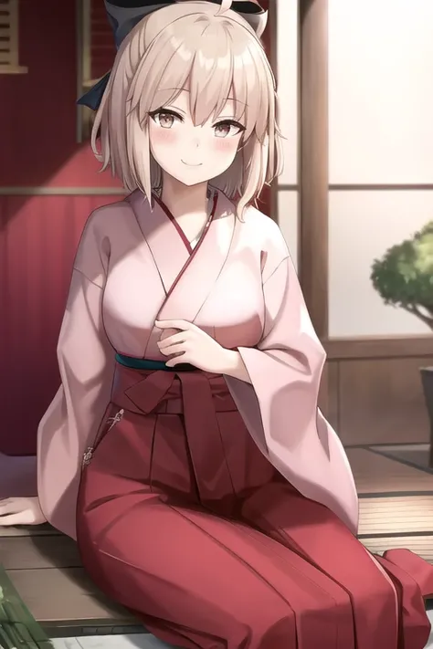 masterpiece, best quality,extremely detailed CG unity 8k wallpaper,
1girl,okita souji \(fate\), smile,blush, facing viewer,(kimono:1.2),(hakama:1.2),
 <lora:okitasoujiv2:0.6>