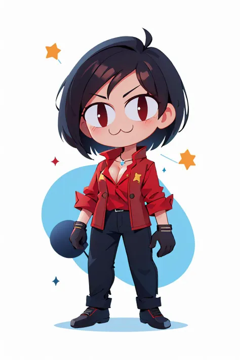 (masterpiece, best quality:1.2), chibi, solo, 1girl, necoarc, adashirt, :3, black hair, slit pupils, red shirt, cross necklace, cleavage, black gloves, partially unbuttoned, black pants <lora:necoarc:1> <lora:adawong-re-richy-v1:0.8>