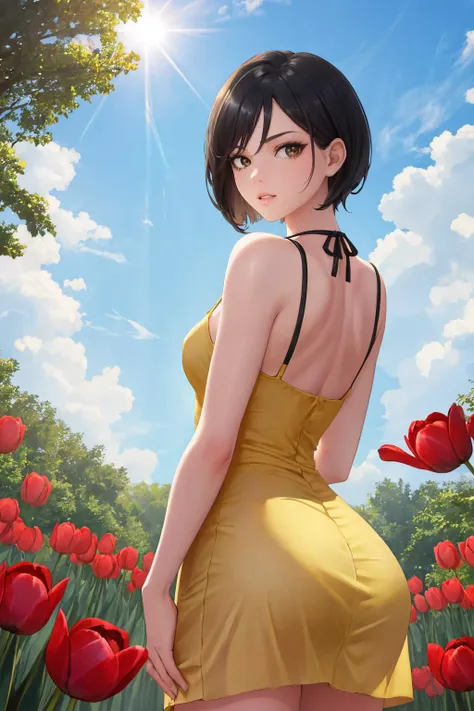 masterpiece, best quality, 1girl, solo, <lora:adawong-re-richy-v1:1> standing, (yellow sundress:1.3), black eyes, looking at viewer, from behind, looking back, parted lips, ass, back, sunbeam, sunlight, outdoors, garden, red tulip