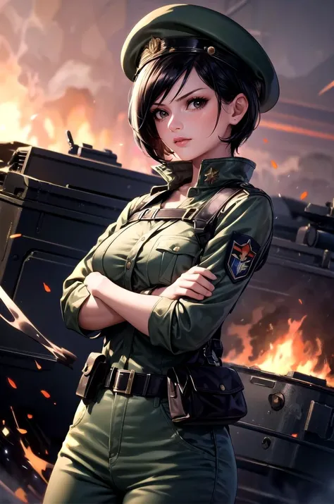 (masterpiece, best quality, detailed), 1girl, solo, looking at viewer, adadress, black eyes,
military uniform, military, soldier, belt, green pants, camouflage, beret, brown jacket, world war ii, war, military vehicle, battlefield, battle, dust, smoke, burning, fire, red sky, explosion, dutch angle, crossed arms, breast hold, arms under breasts, closed mouth, serious