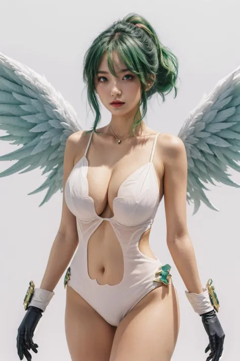 8K,A monster woman with bird wings on both arms.,harpy,Troubling white-skinned wingman,Has sharp bird claws on both feet,green short bob hair,fantasy art,character art,ultra high resolution,super realistic skin,Precise bird wing details,digital art,beautiful expression,Sexy cleavage,Large fangs can be seen from the wide open mouth,Emphasizes small cleavage,See here,Seduce,sexy pose,smile