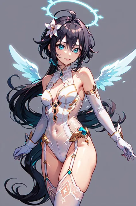 Super Idol a beauty girl A charming smile sky blue hair length hair Twin-tailed Glittery bright pink and white and blue and yellow leotards facing front 7 colors of angel great wings on the back Mystical Fantasia constellation a moon Crystal Brilliance Aurora Borealis in the Night Sky