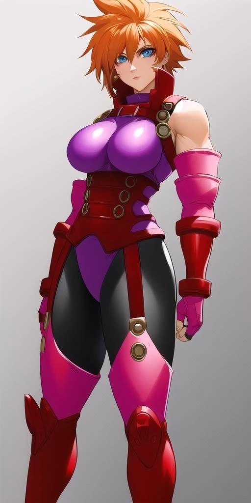perfect and beautiful face, beautiful girl in hot pink pointed toe stiletto knee high boots, standing on street with sword in her hands ,, leatgher gloves on, big breasts and buts