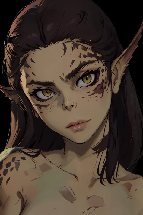 highres,masterpiece,perfect lighting,adult,female,upper body,simple background,nude,naked,portrait,(scales:1.1),<lora:lowkey_v1.1:0.2>,dark background,black background,<lora:Lae-zel:0.88>,lae-zel,<lora:RSERomantic_RSESofiko_RSEEmma-v1:0.3>,RSERomantic,green skin,(orange eyes:0.8),