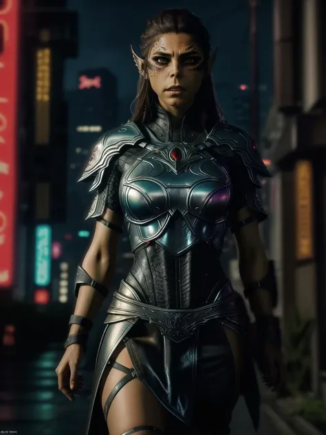 cinematic photo, 1girls, <lora:Lae-zel-18:.65>, (night, cyberpunk city background), lae-zel standing in full armor + armored leather miniskirt + brown hair + (medium hair), intimidating expression + [[green]] skin + (skin markings), wide hips, full body pinup, [_:full sharp, detailed face, (detailed eyes + slit pupils + sharp teeth):.24], (absurdres, highliest quality, best quality:1.2), . 35mm photograph, film, bokeh, professional, 4k, highly detailed