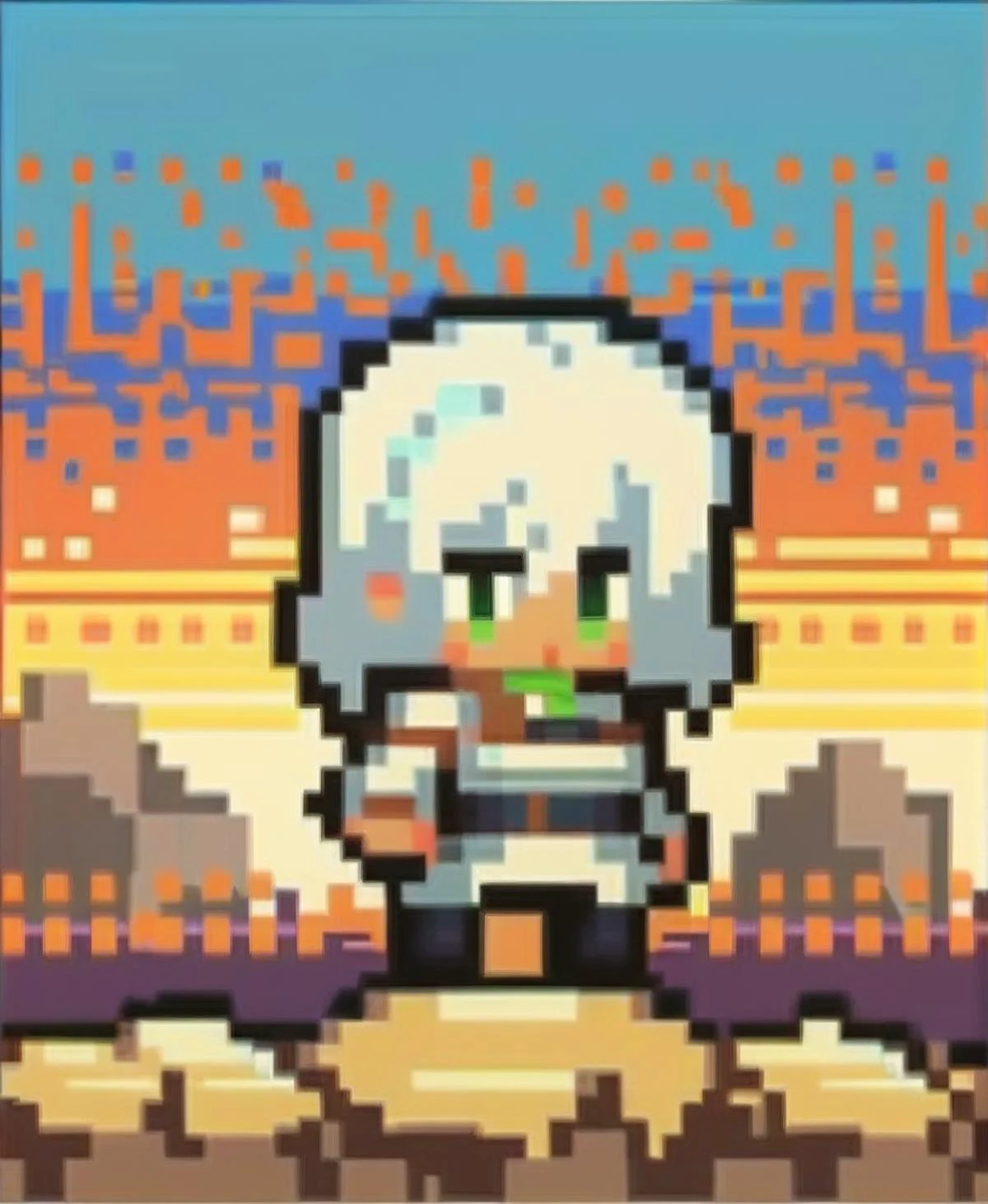 score_9_up, score_8_up, score_7_up, dynamic pose, upper body, 1girl, medium hair, pure white hair, green eyes, dark skin, large breasts, outside, at a desert, rocks, sunrise, snowing, <lora:ChibiPixelArt_XLPD:1>, chibi, pixel art, full body