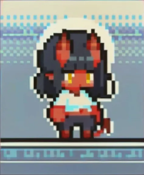 score_9_up, score_8_up, score_7_up, rating_excplicit, shirt lift, navel, bra, lifted by self, blush, 1girl, Meruccubus \(Merunyaa\), medium hair, black hair, blunt bangs, yellow eyes, freckles, red skin, horns, demon tail, medium breasts, <lora:ChibiPixelArt_XLPD:1>, chibi, pixel art, full body