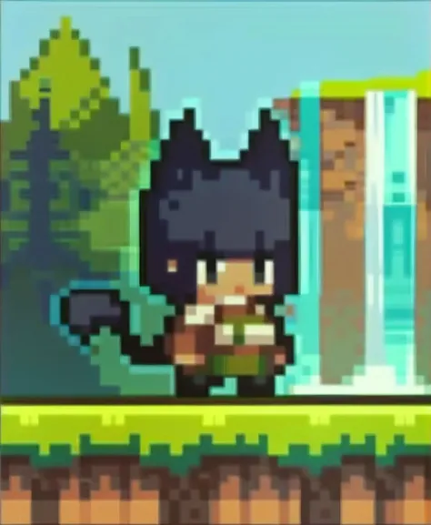 score_9_up, score_8_up, score_7_up, full body, 1girl, -sphinx, monster girl, medium hair, black hair, blunt bangs, black eyes, Eye of Horus, makeup, tan skin, feathered wings, digitigrade, lion tail, large breasts, outdoors, at a waterfall, afternoon, sunny, <lora:ChibiPixelArt_XLPD:1>, chibi, pixel art, full body