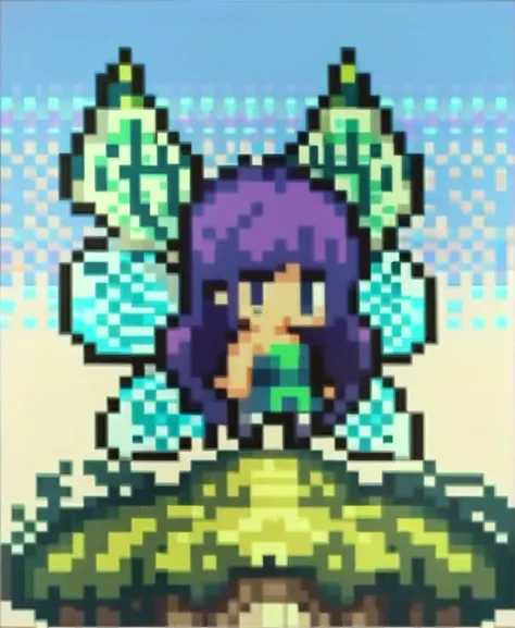 score_9_up, score_8_up, score_7_up, upper body, 1girl, fairy, miniature, (size difference), long hair, purple hair, freckles, <lora:w1ngsXLP:.9>, w1ngs, butterfly wings, intricate wing pattern, transparent wings, small breasts, leotard, cleavage, strapless, sleeveless, microskirt, shoes, (flying), in the air, oversized plants, giant mushrooms, <lora:ChibiPixelArt_XLPD:1>, chibi, pixel art, full body