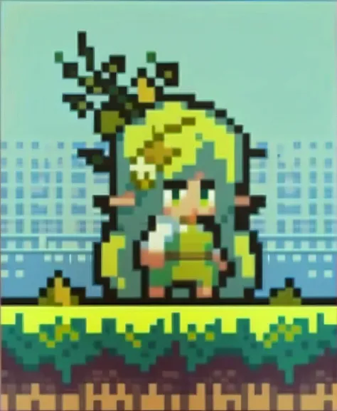 score_9_up, score_8_up, score_7_up, dynamic pose, full body, from side, 1girl, dryad, plant girl, very long hair, green hair, green eyes, hair made of plants, pointy ears, (tan skin), medium breasts, leaf clothing, (grass skirt, leaf skirt), barefoot, nature, inside, at a laundromat, <lora:ChibiPixelArt_XLPD:1>, chibi, pixel art, full body