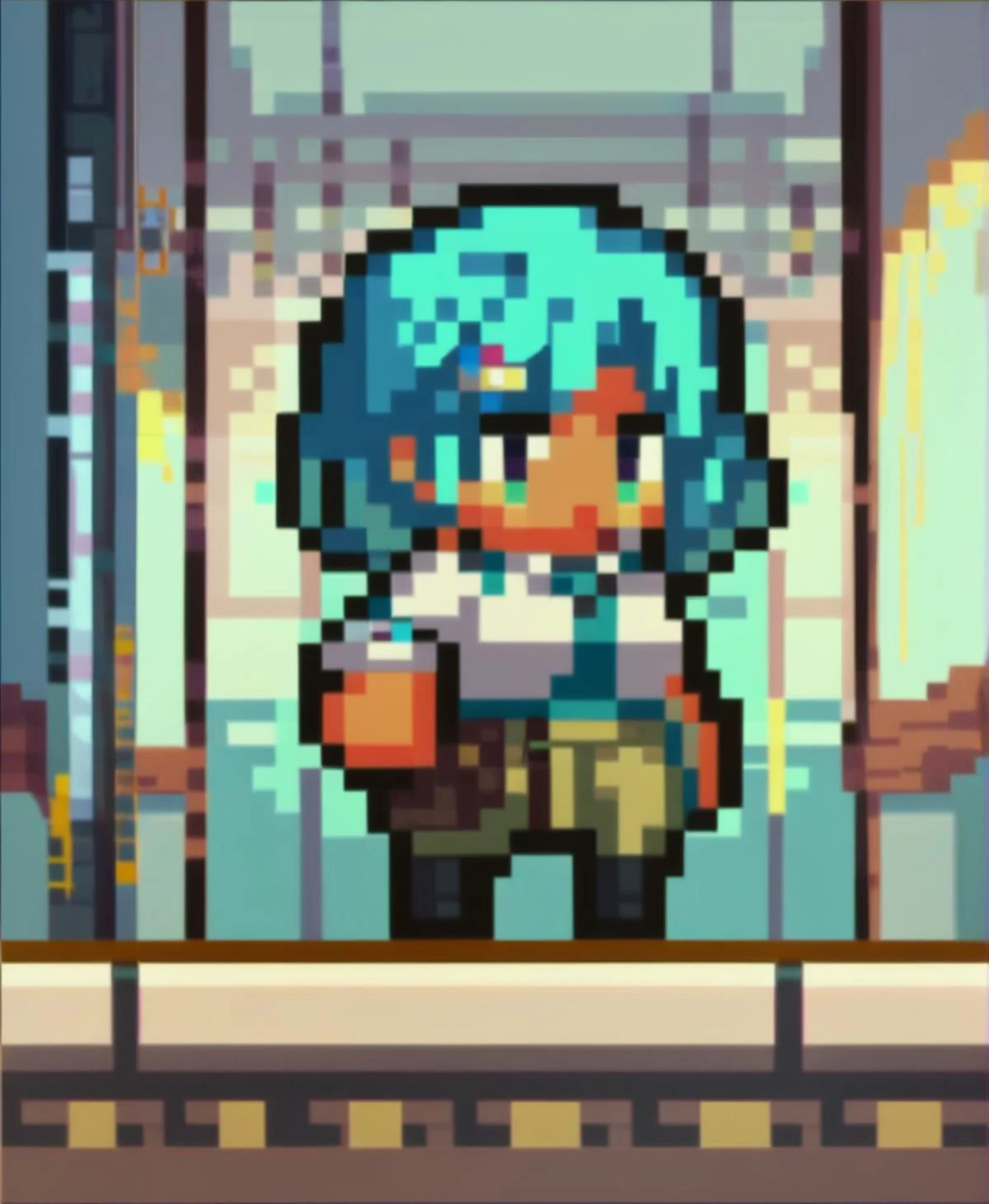 score_9_up, score_8_up, score_7_up, <lora:Pony_QualityV4.0:1.5>, portrait, headshot, multiple views, 1girl, medium hair, aqua hair, rainbow eyes, dark skin, large breasts, , indoors, school hallway, <lora:ChibiPixelArtV2_XLPD:1>, chibi, pixel art, full body