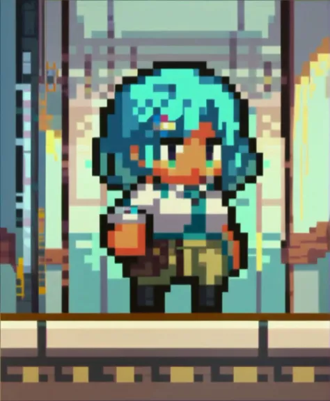 score_9_up, score_8_up, score_7_up, <lora:Pony_QualityV4.0:1.5>, portrait, headshot, multiple views, 1girl, medium hair, aqua hair, rainbow eyes, dark skin, large breasts, , indoors, school hallway, <lora:ChibiPixelArtV2_XLPD:1>, chibi, pixel art, full body