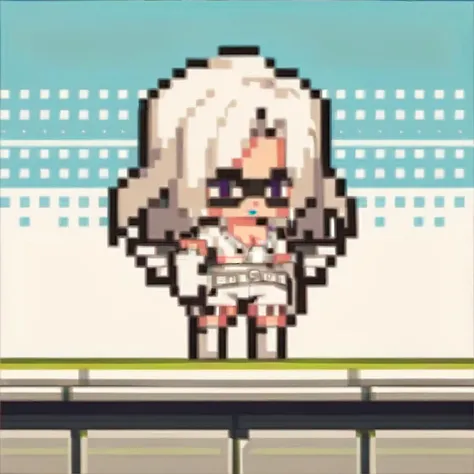 score_9, score_8_up, score_7_up, source_anime, 1girl, <lora:ChibiPixelArt_XLPD:0.85> chibi, pixel art, full body, <lora:KaliGR-pdxl:1> kaliGR, long hair, colored skin, domino mask, white lipstick, white crop top, fringe trim, elbow gloves, cleavage, fake wings, belt, holster, short shorts, white thigh boots
