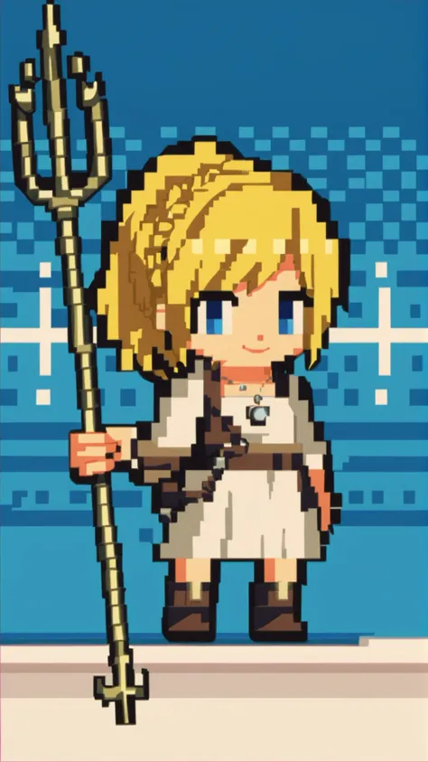 <lora:lunafreya-pdxl-nvwls-v1:0.8> lunafreya, blonde hair, blue eyes, braid, ponytail, necklace, smile, trident, holding trident, looking at viewer, solo, <lora:ChibiPixelArtV2_XLPD:0.8> chibi, pixel art, full body,, score 9, score 8 up, score 7 up, score 6 up, score 5 up, score 4 up,