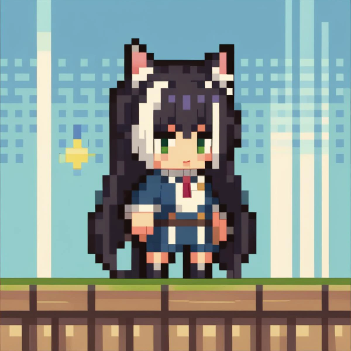 score_9, score_8_up, score_7_up, source_anime, 1girl, chibi, pixel art, full body, karyl \(princess connect!\), animal ears, cat ears, cat girl, multicolored hair, black hair, streaked hair, long hair, animal ear fluff, green eyes, white hair, <lora:ChibiPixelArtV2_XLPD:1>