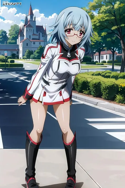 ((masterpiece)),((best quality)),ultra-detailed,illustratio,Explicit,Beautiful body,Beautiful Nose,Beautiful character design,perfect eyes,perfect face,wallpaper,ultra highres,4K,photography,(Beautiful,normal breasts:1.2),(beautiful face:1.2),beautiful legs,perfect legs,shiny skin,nsfw,official style,official arts,anime screencap,anime coloring,
sarashiki kanzashi,1girl,solo,short hair,blue hair,red eyes,glasses,thighhighs,boots,school uniform,pantyhose,brown pantyhose,looking at viewer,smile,uniform,knee boots,black footwear,standing,full body,<lora:Sarashiki Kanzashi:0.7> ,(outdoor,castle,Blue sky,White cloud,garden:1.2),(infinite stratos academy uniform:1.5),