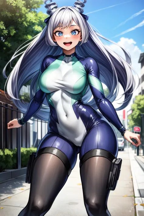 (best quality:1.2), 1girl, (masterpiece:1.2), raytracing, cute face, perfect face, ultra detailed,detailed face, 8k wallpaper,(wide hips:1.2), <lora:more_details:0.5>, absurd res,  HadouNejire_NDV, 1girl, blue eyes, blue hair, large breasts, long hair, hair horns, twin drills, drill hair,  <lora:HadouNejire_NDV:0.7>, outdoor, smile, open mouth, bodysuiit, running