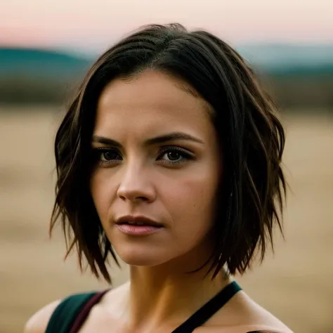 Realistic photo of a beautiful chr1st1n4r woman,  solo, short hair, black hair, bare shoulders, brown eyes, mole, hair over one eye, lips, messy hair, realistic, soft lighting, professional Photography, Photorealistic, detailed, RAW, analog, sharp focus, 8k, HD, DSLR, high quality, Fujifilm XT3, film grain, award winning, masterpiece <lora:chr1st1n4r:1.0>