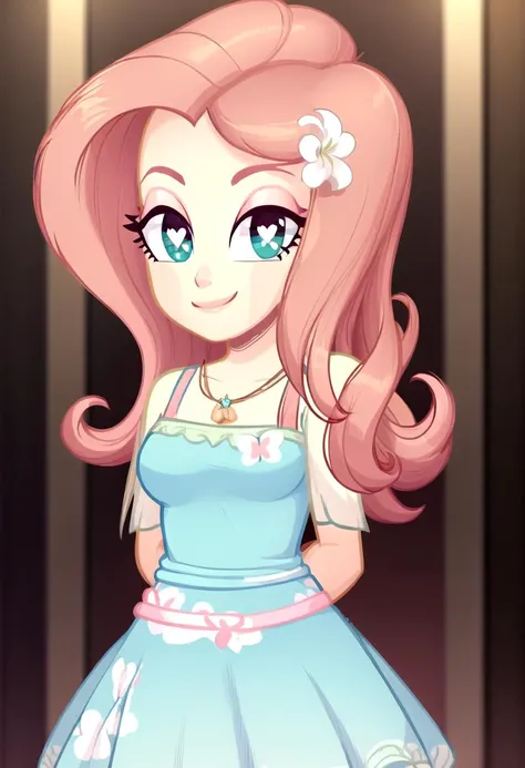 <lora:mlp_fluttershy:0.7>, (masterpiece, best quality:1.2), cowboy shot, solo, 1girl, mlpfluttershy, (smile:0.8), (cute:1.6), (pretty:1.6), looking at viewer, arms behind back, hair flower, dress, <lora:hp-style:1>, heart, heart-shaped pupils, symbol-shaped pupils, simple light green background