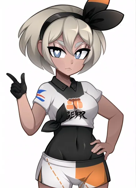(best quality, high quality:1.2), (absurdres, masterpiece), (perfect face, perfect eyes), 1girl, solo, heart, heart-shaped pupils, looking at viewer, symbol-shaped pupils, cowboy shot, (((white background:1.2))), (((simple background:1.2))), cowboy shot, (bea \(pokemon\)), medium breasts, bow hairband, print shirt, tied shirt, black bodysuit, bodysuit under clothes, single glove, print shorts, knee pads, barefoot <lora:hp-style-10:0.8>, <lora:SaitouV1:1>,