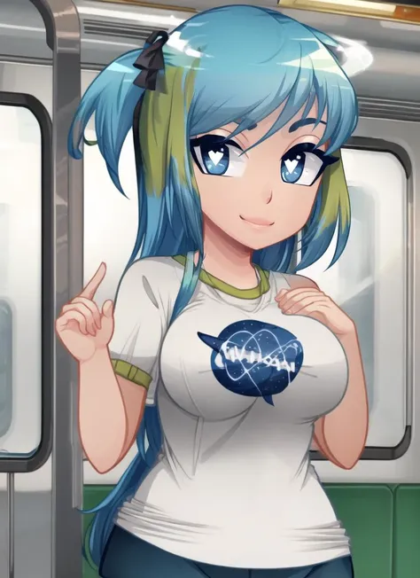 ((best quality)), ((highly detailed)), masterpiece, detailed face, beautiful face, (detailed eyes, deep eyes), (1girl), upper body, <lora:earthChan_v1:1>, earth-chan, blue eyes, multicolored hair, blue and green hair, long hair, wide hips, large breasts, nurturing smile, t-shirt, space, Earth \(planet\), the moon, the sun, (in a train station), <lora:hp-style:1>, heart-shaped pupils, symbol-shaped pupils