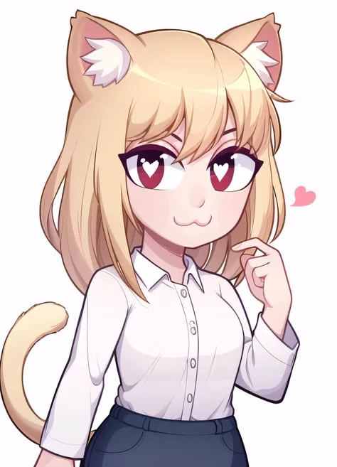 (best quality, high quality:1.2), (absurdres, masterpiece), (perfect face, perfect eyes), 1girl, solo, heart, heart-shaped pupils, looking at viewer, symbol-shaped pupils, cowboy shot, (((white background:1.2))), (((simple background:1.2))), neco-arc, blonde hair, red eyes, cat ears, cat tail, :3, white shirt, blue skirt, <lora:hp-style-10:0.8>, <lora:neco-arc:0.8>,